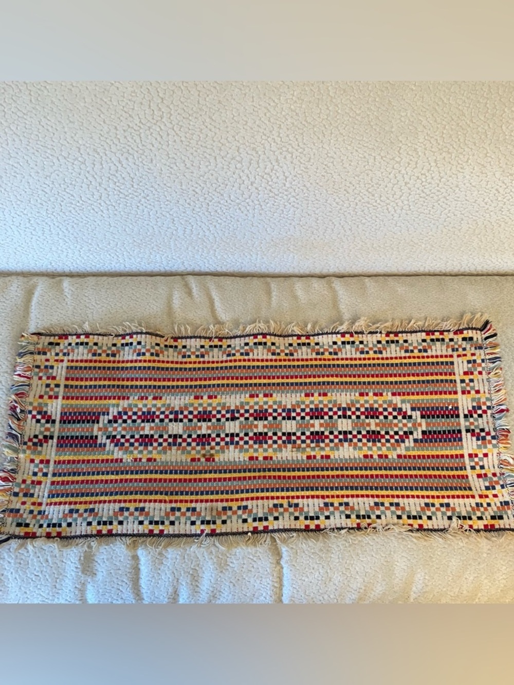 VTG Handmade Rag-Rug Woven Table Dresser Runner Primitive Farmhouse Fringe 12x29